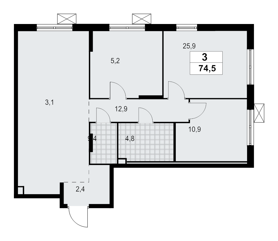 3-комнатная квартира, 74.55 м² - планировка, фото №1