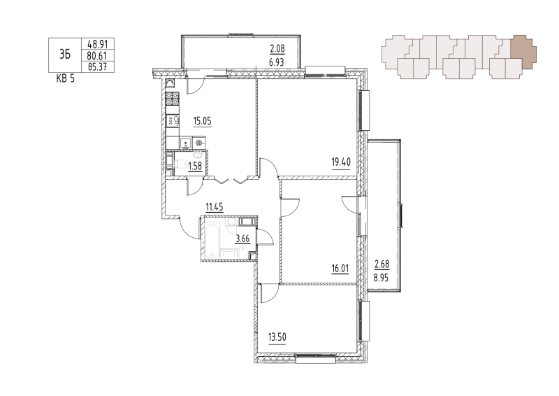 3-комнатная квартира, 85.37 м² - планировка, фото №1