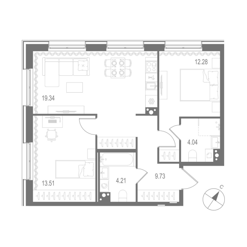 3-комнатная (Евро) квартира, 63.11 м² в ЖК "Остров Первых" - планировка, фото №1