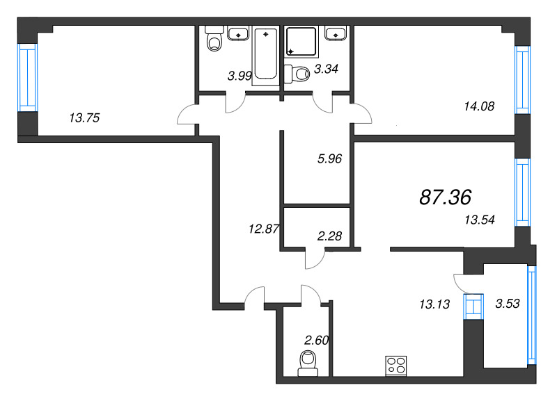 3-комнатная квартира, 87.36 м² в ЖК "Уютный" - планировка, фото №1