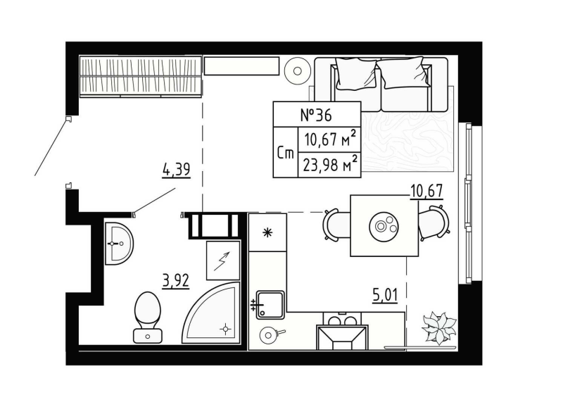 Квартира-студия, 23.98 м² - планировка, фото №1