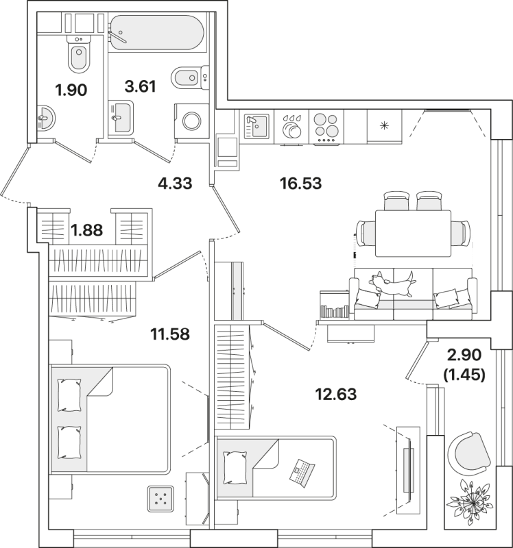 3-комнатная (Евро) квартира, 53.91 м² - планировка, фото №1