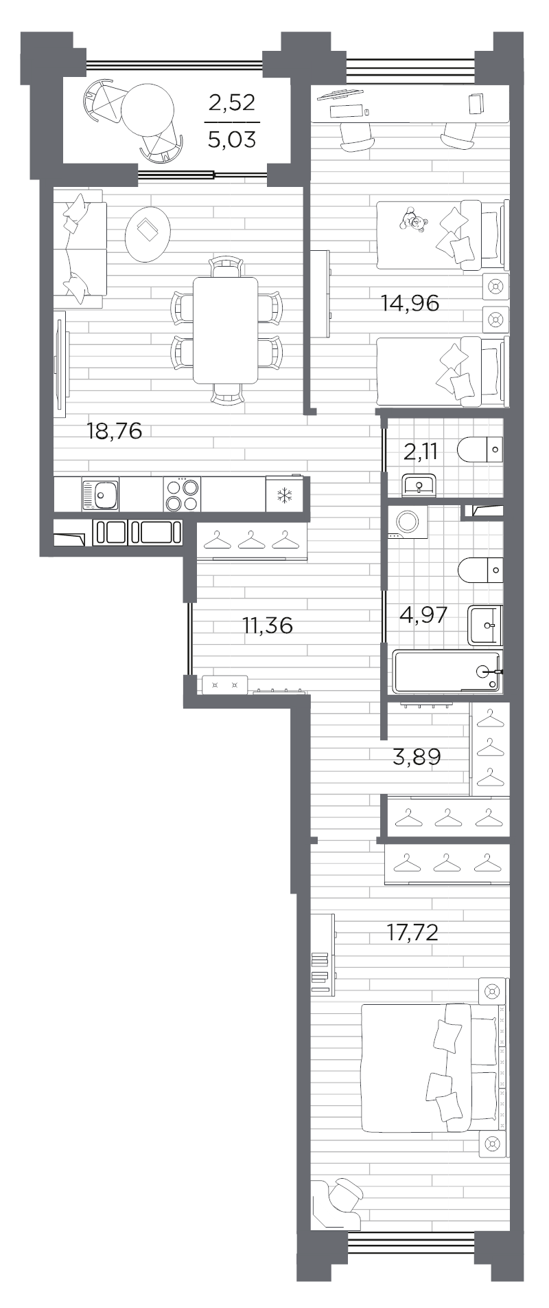 3-комнатная (Евро) квартира, 76.29 м² в ЖК "Ассамблея" - планировка, фото №1