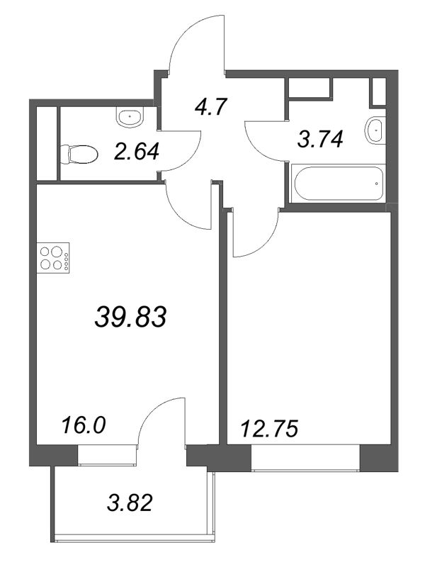 2-комнатная (Евро) квартира, 39.83 м² в ЖК "Дом на Курской" - планировка, фото №1