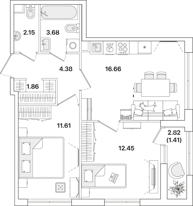 3-комнатная (Евро) квартира, 54.2 м² - планировка, фото №1