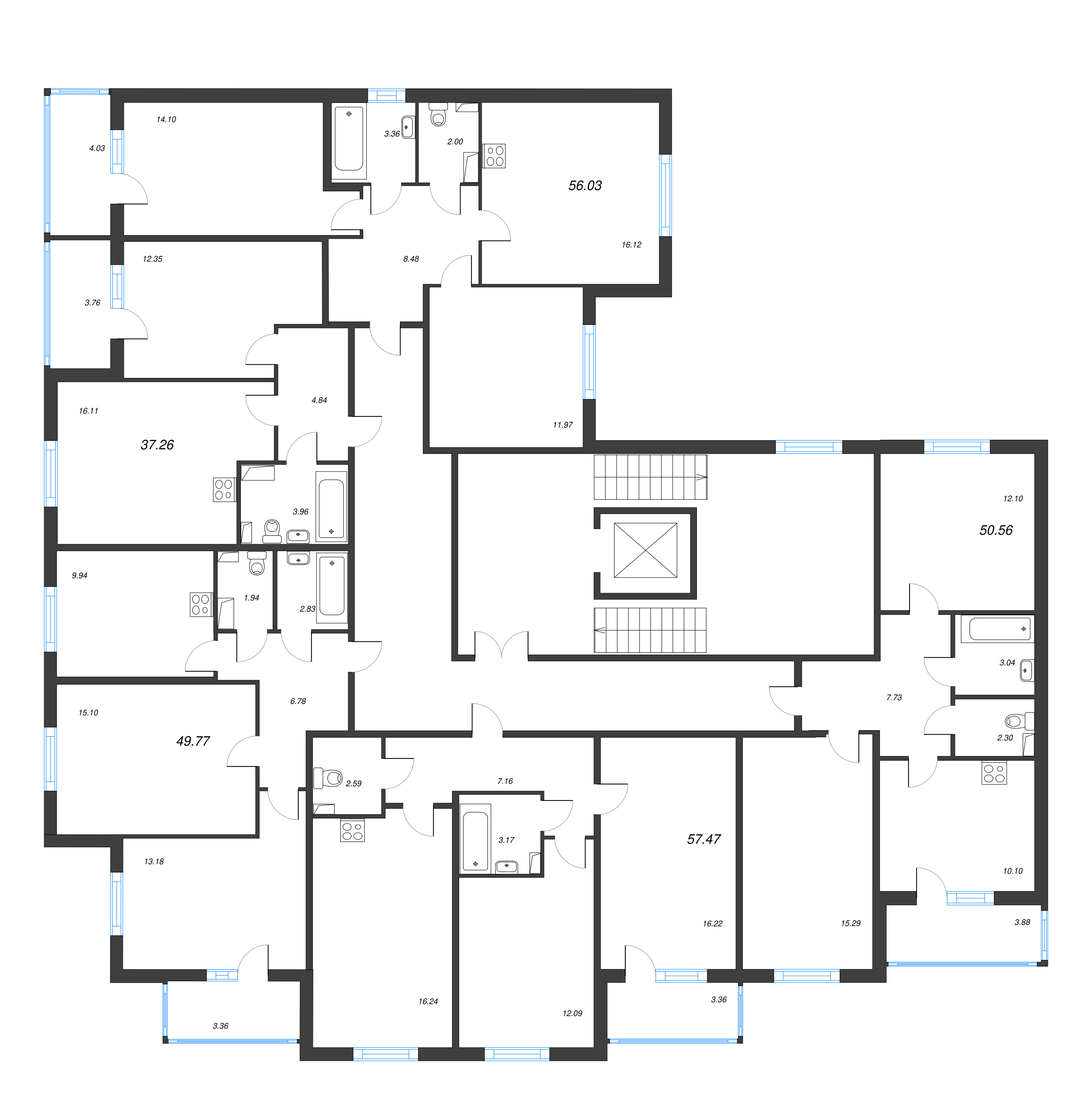 3-комнатная (Евро) квартира, 57.47 м² - планировка этажа