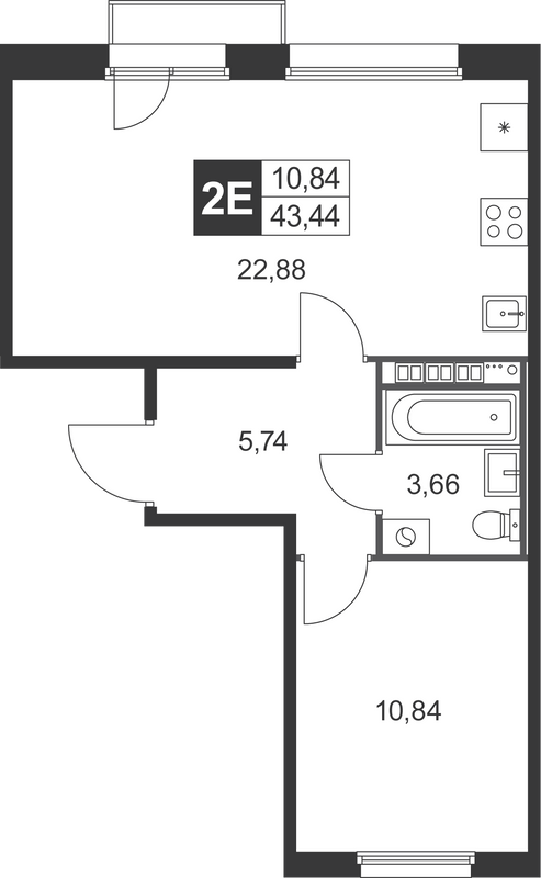 2-комнатная (Евро) квартира, 43.44 м² в ЖК "Слобода" - планировка, фото №1