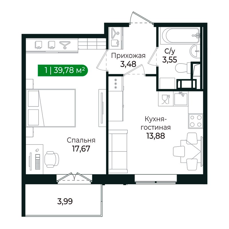1-комнатная квартира, 38.1 м² в ЖК "Сертолово Парк" - планировка, фото №1