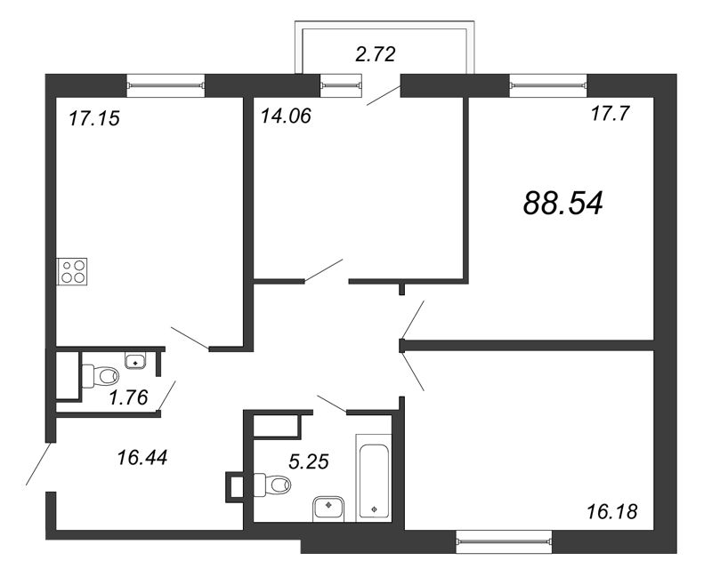 3-комнатная квартира, 88.54 м² в ЖК "Приморский квартал" - планировка, фото №1