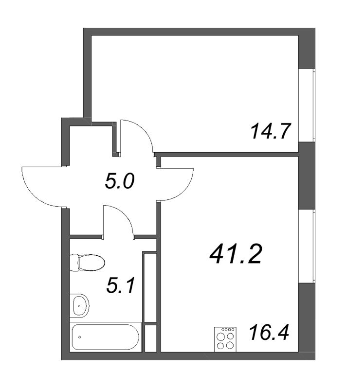 2-комнатная (Евро) квартира, 41.3 м² в ЖК "Визионер" - планировка, фото №1