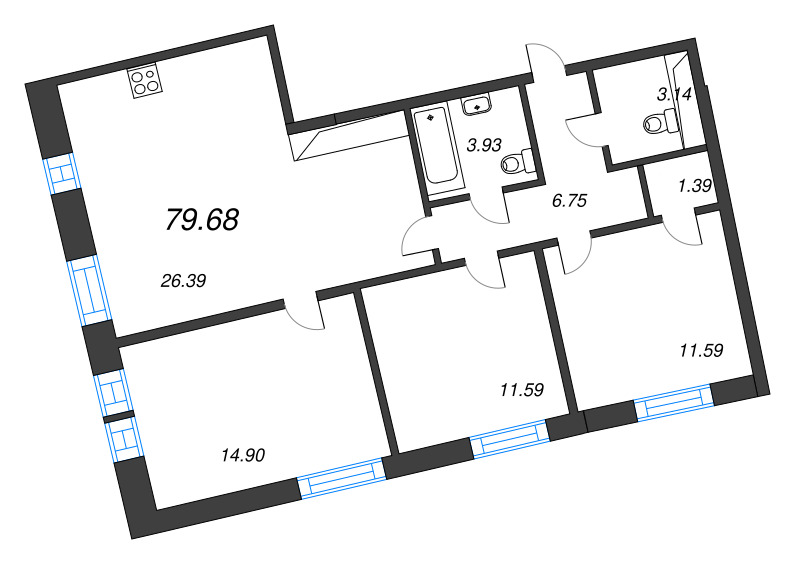 4-комнатная (Евро) квартира, 79.68 м² в ЖК "Бульвар Грина" - планировка, фото №1