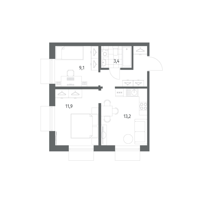 2-комнатная квартира, 43.5 м² в ЖК "Парусная 1" - планировка, фото №1