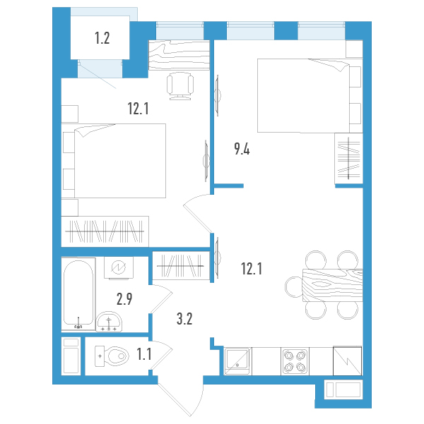 2-комнатная квартира, 41.4 м² - планировка, фото №1