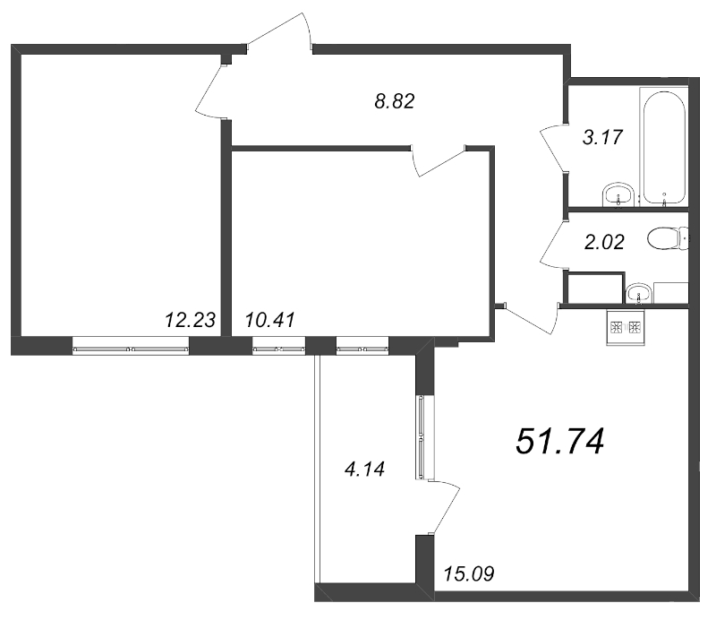 3-комнатная (Евро) квартира, 51.74 м² - планировка, фото №1