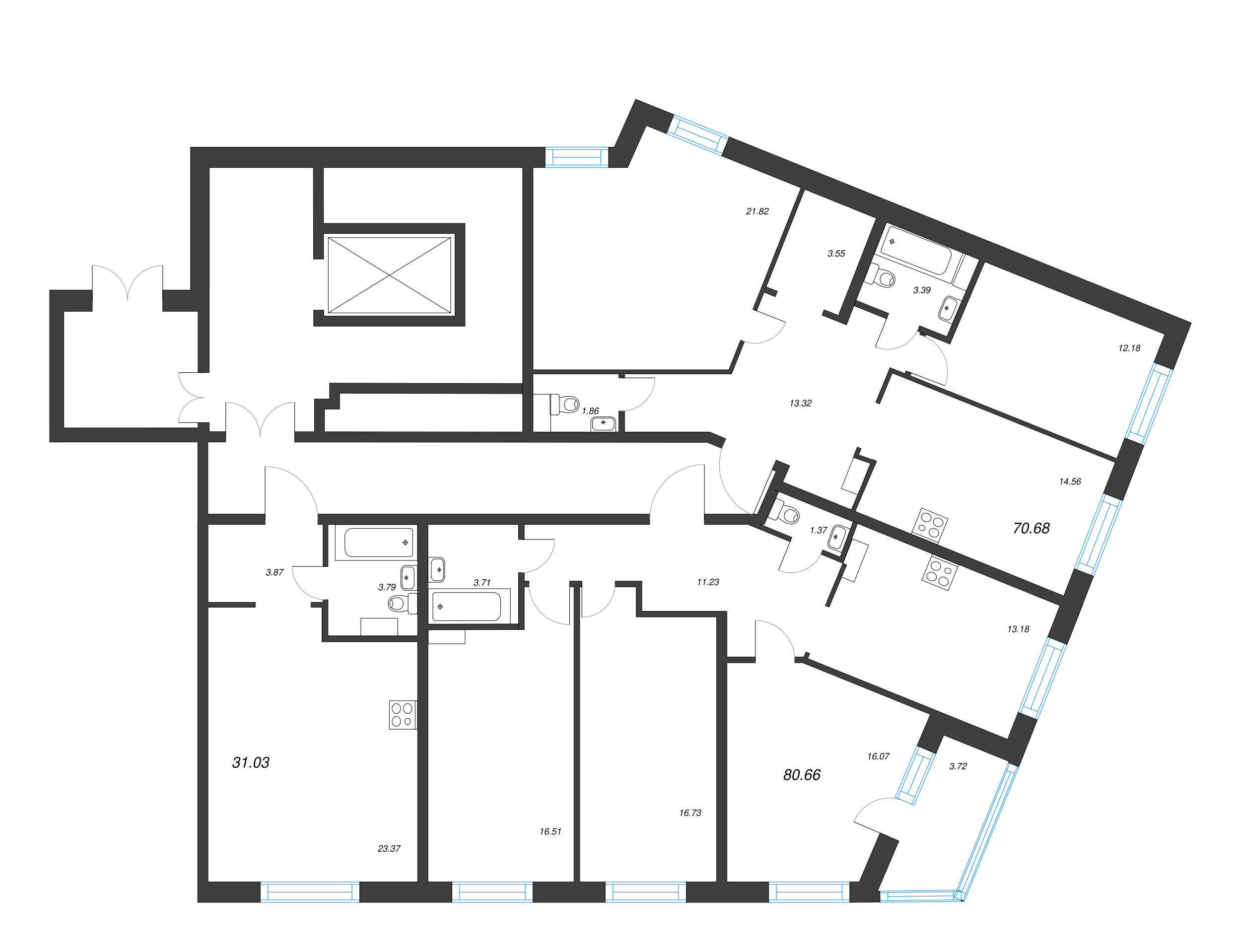 3-комнатная квартира, 80.66 м² - планировка этажа