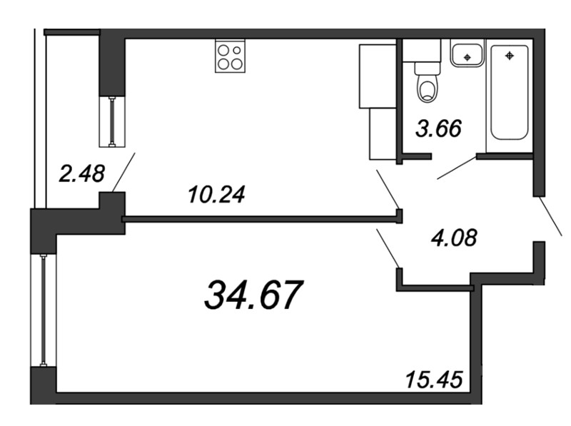 1-комнатная квартира, 34.67 м² - планировка, фото №1