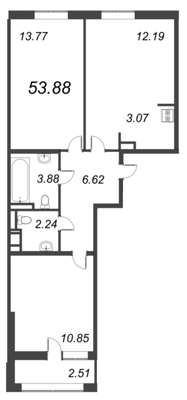 3-комнатная (Евро) квартира, 53.88 м² - планировка, фото №1