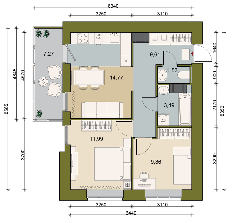 2-комнатная квартира, 53.02 м² в ЖК "Уютный" - планировка, фото №1