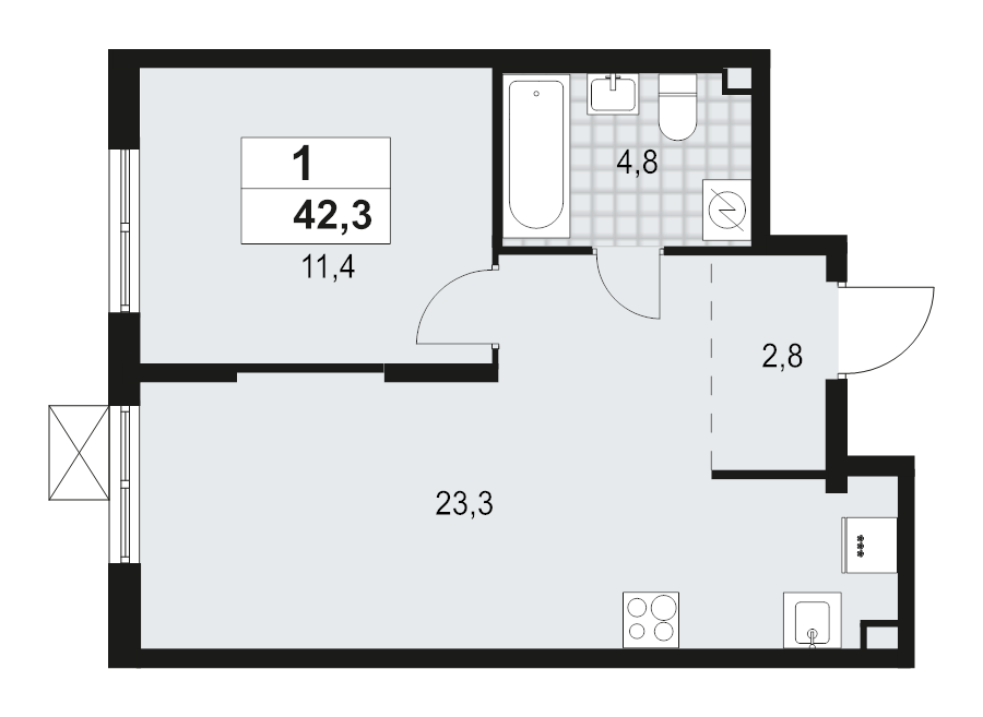 2-комнатная (Евро) квартира, 42.3 м² в ЖК "А101 Всеволожск" - планировка, фото №1