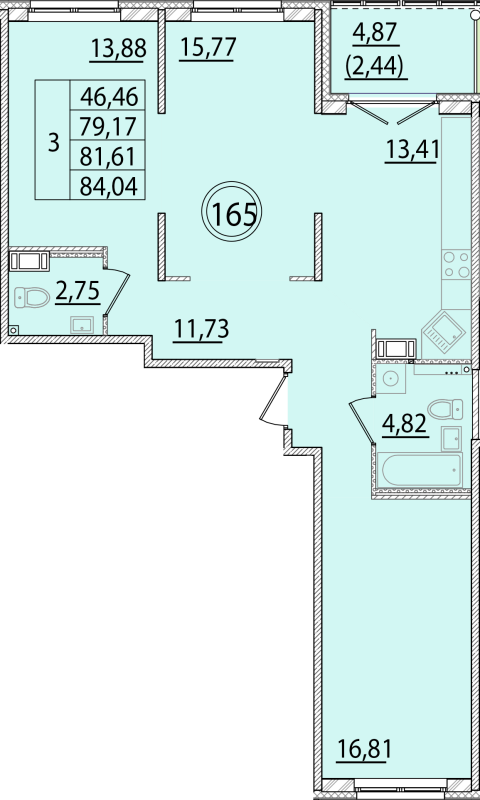3-комнатная квартира, 79.17 м² - планировка, фото №1