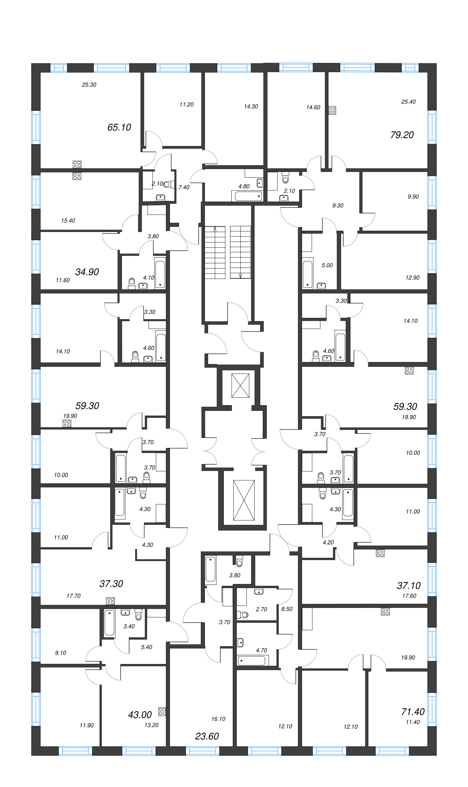 3-комнатная (Евро) квартира, 59.3 м² в ЖК "Парусная 1" - планировка этажа