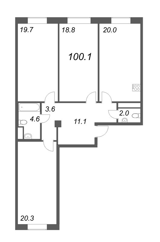 4-комнатная (Евро) квартира, 100.9 м² - планировка, фото №1