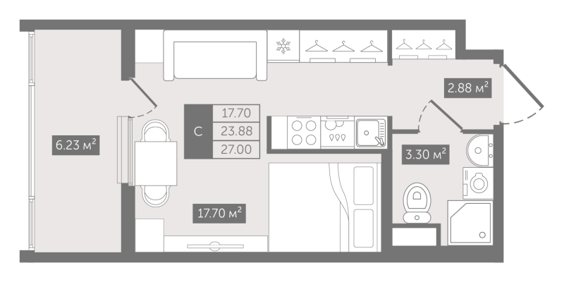 Квартира-студия, 27 м² - планировка, фото №1