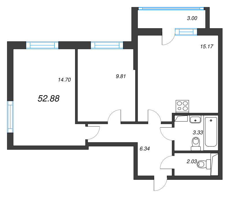3-комнатная (Евро) квартира, 52.88 м² - планировка, фото №1