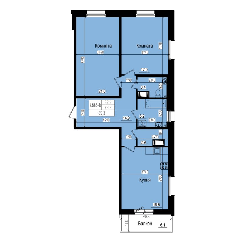 3-комнатная (Евро) квартира, 85.3 м² - планировка, фото №1