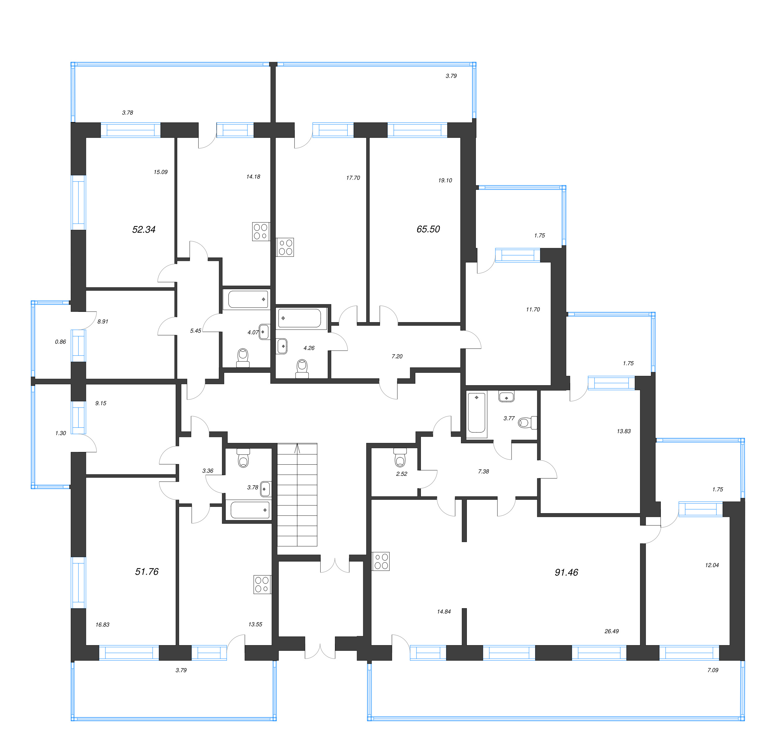 3-комнатная квартира, 91.46 м² в ЖК "Капральский берег" - планировка этажа