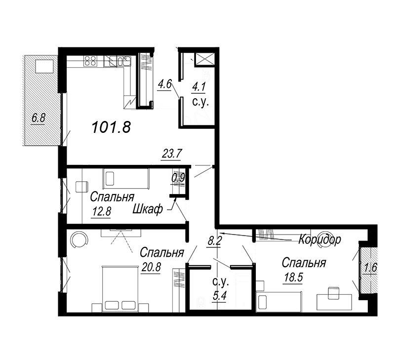 3-комнатная квартира, 104.88 м² - планировка, фото №1