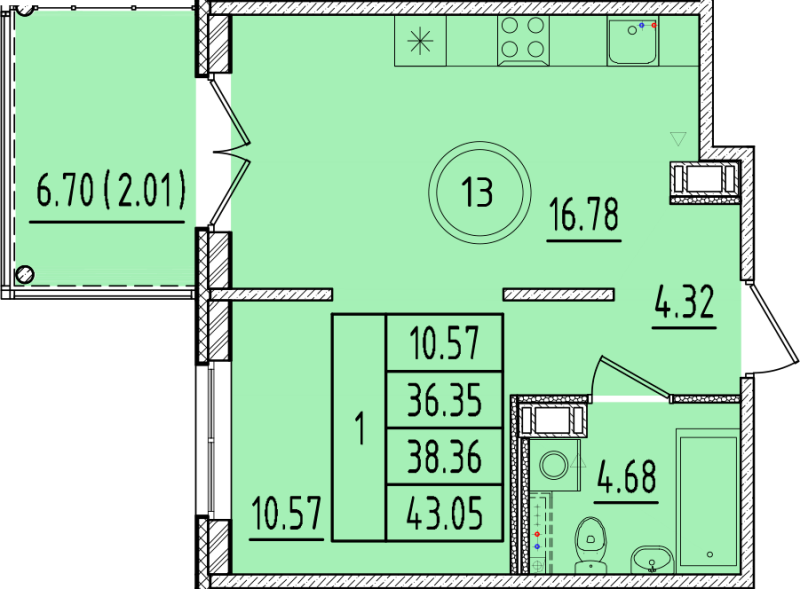 2-комнатная (Евро) квартира, 36.35 м² - планировка, фото №1