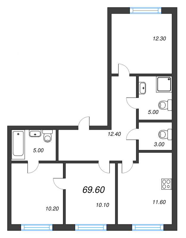 3-комнатная квартира, 69.6 м² - планировка, фото №1