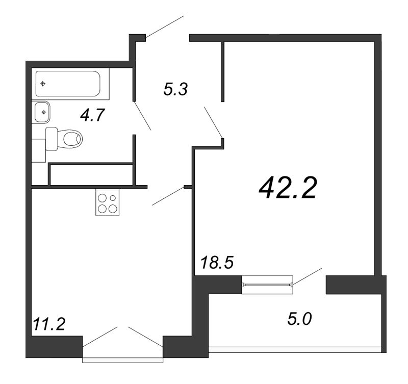 1-комнатная квартира, 42.3 м² - планировка, фото №1