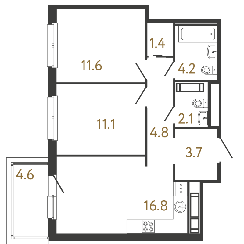 3-комнатная (Евро) квартира, 55.7 м² в ЖК "Передвижники" - планировка, фото №1