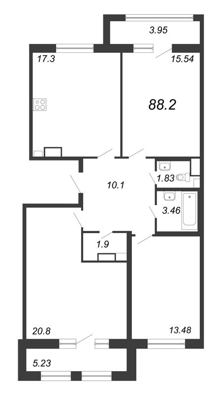 3-комнатная квартира, 88.2 м² - планировка, фото №1