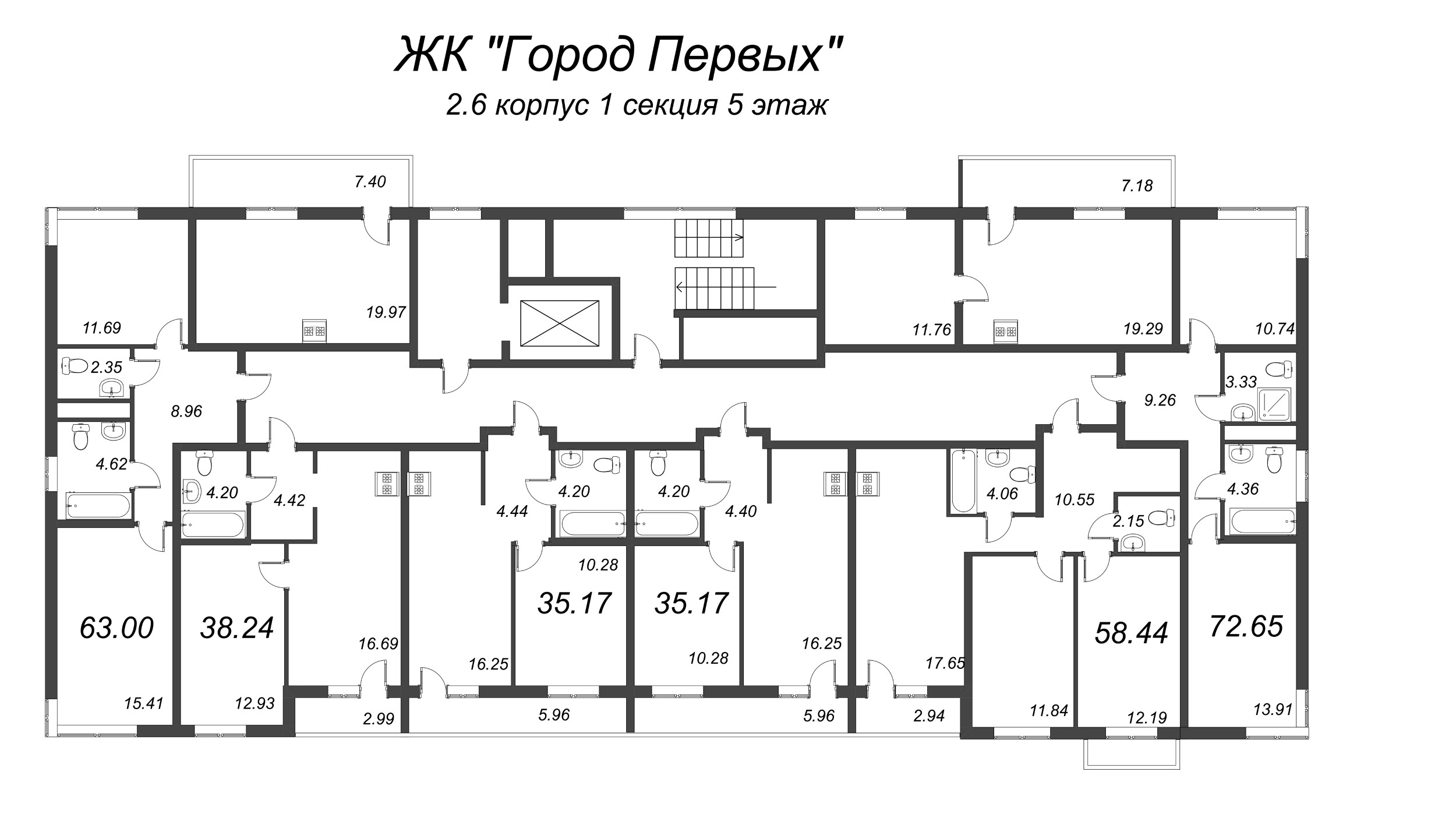 3-комнатная (Евро) квартира, 58.44 м² - планировка этажа