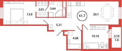 3-комнатная (Евро) квартира, 61.7 м² - планировка, фото №1