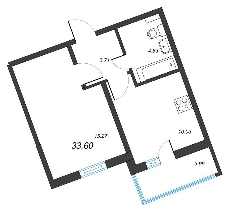 1-комнатная квартира, 33.6 м² - планировка, фото №1