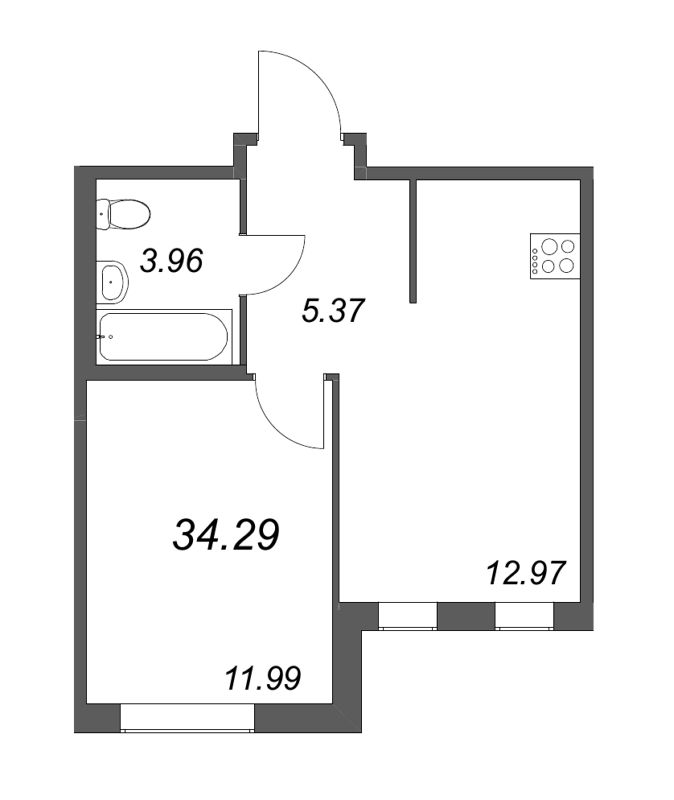 1-комнатная квартира, 34.29 м² - планировка, фото №1