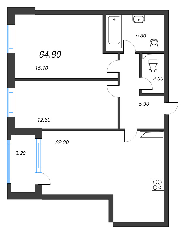 3-комнатная (Евро) квартира, 64.7 м² - планировка, фото №1