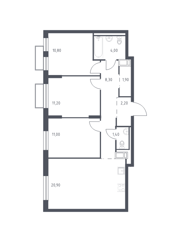 4-комнатная (Евро) квартира, 70.8 м² в ЖК "Курортный Квартал" - планировка, фото №1