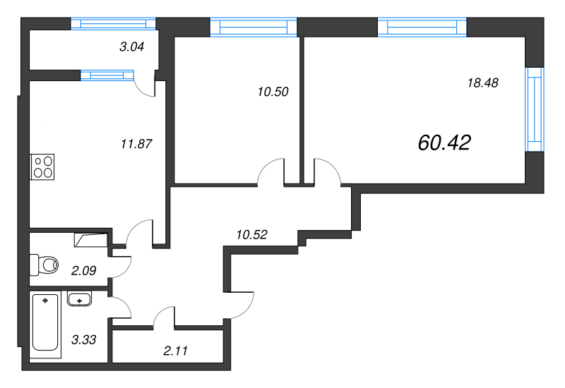 2-комнатная квартира, 60.5 м² - планировка, фото №1