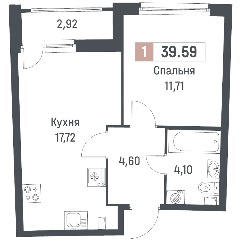 2-комнатная (Евро) квартира, 39.59 м² - планировка, фото №1