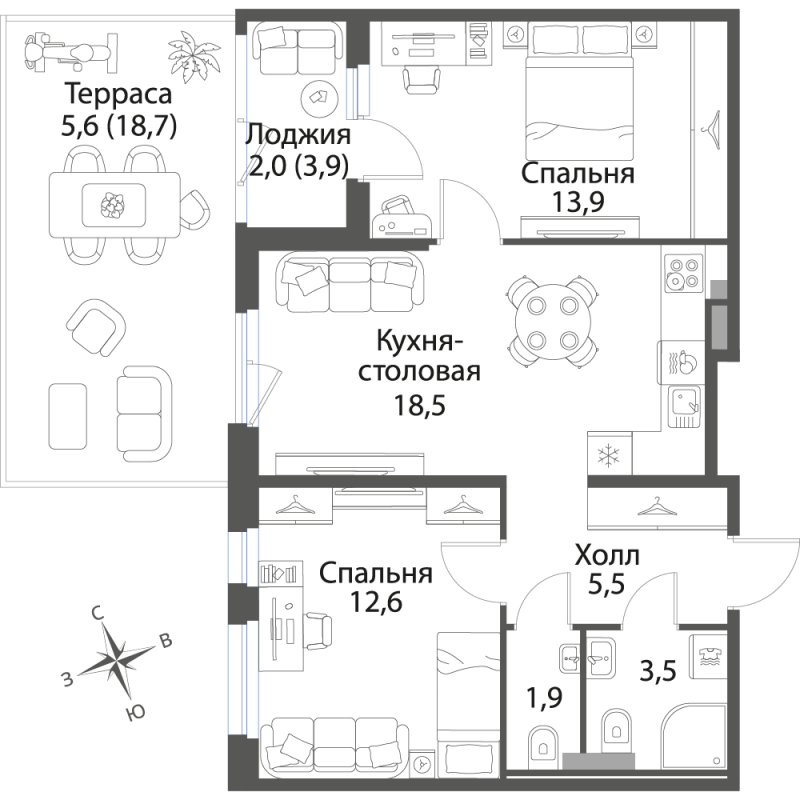 3-комнатная (Евро) квартира, 63.5 м² в ЖК "Экография" - планировка, фото №1