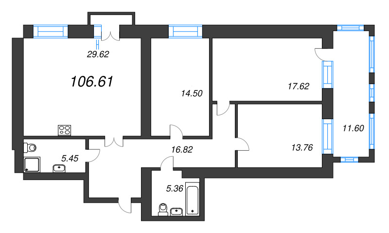 3-комнатная квартира, 107.3 м² - планировка, фото №1