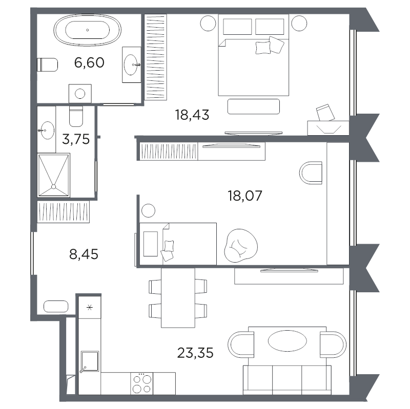 3-комнатная (Евро) квартира, 78.65 м² в ЖК "Акватория" - планировка, фото №1