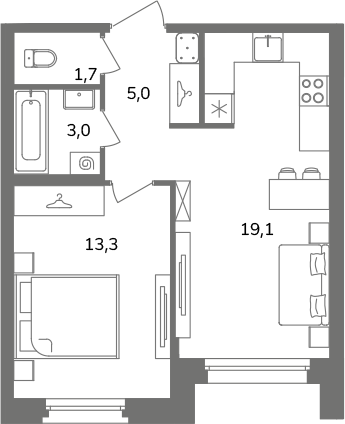 2-комнатная (Евро) квартира, 41.5 м² в ЖК "Антверпен" - планировка, фото №1