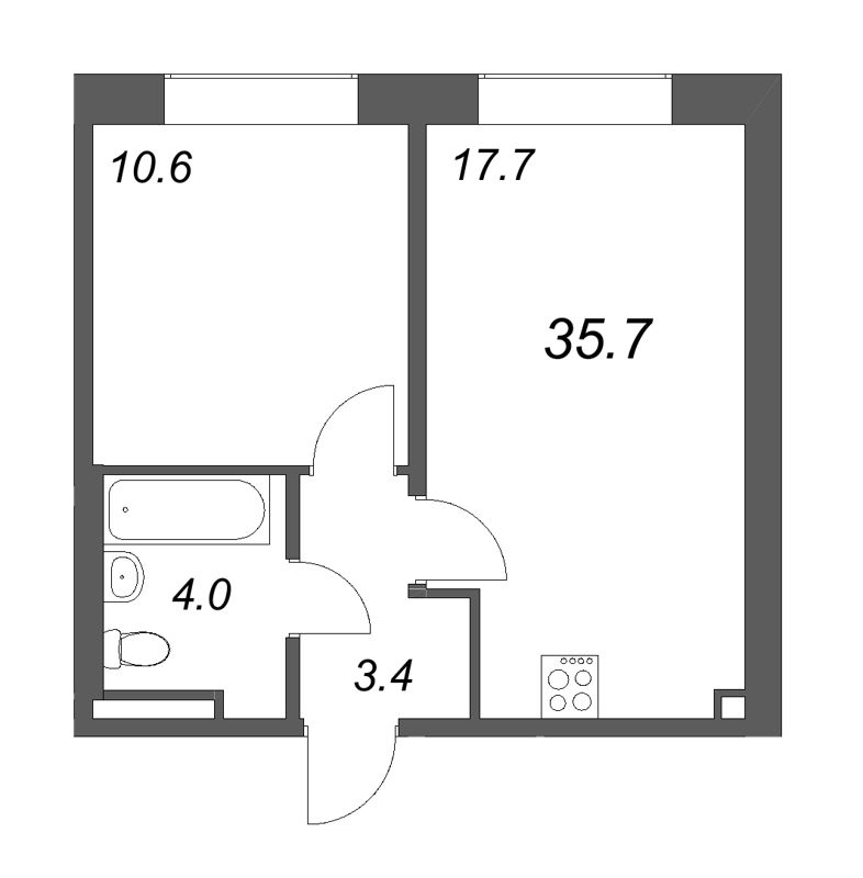 2-комнатная (Евро) квартира, 35.7 м² в ЖК "Пулково Лейк" - планировка, фото №1