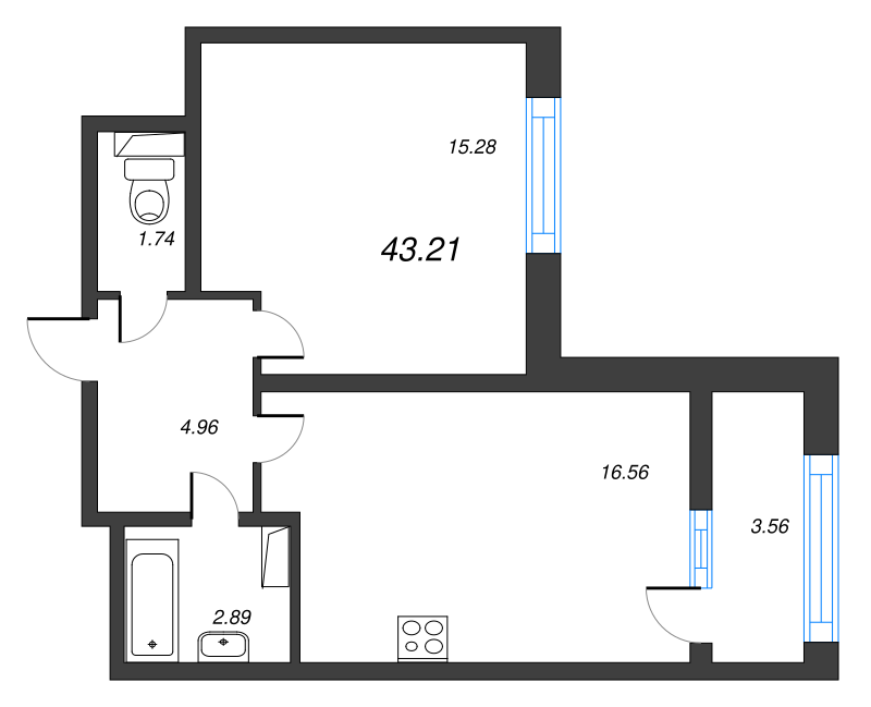 2-комнатная (Евро) квартира, 43.21 м² в ЖК "БелАрт" - планировка, фото №1